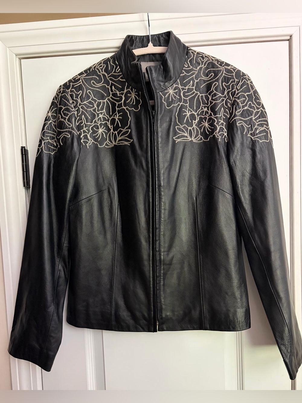 Y2K Kenar Embroidered Lambskin Leather Biker Jacket EUC Sz S Cottagecore Vintage
